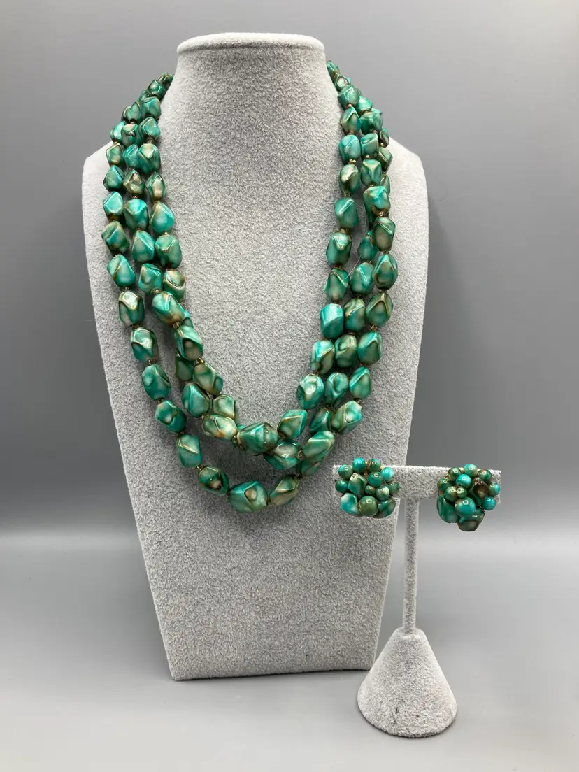 Vintage Faux Turquoise Triple Strand Necklace and Clip-on Earrings Set Goldtone - Made in Hong Kong