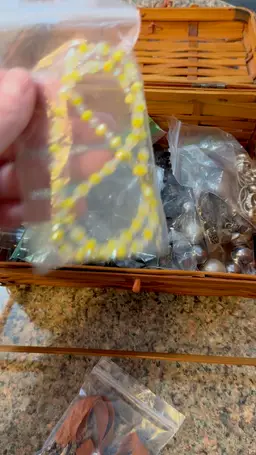 Vintage Double Handle Bamboo Rattan MCM Hinged Lid Purse Sewing Basket Made In Japan **Filled With Necklaces**