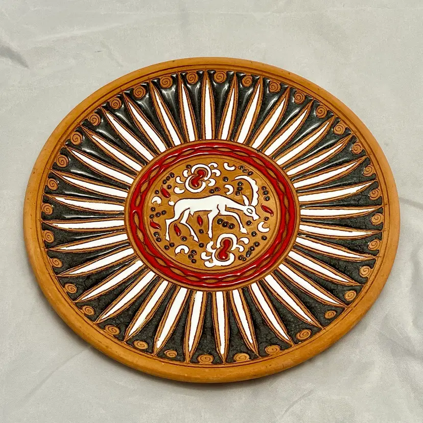 Bonis Pottery Terracotta Decorative Enamel Plate Rhodes Greece 8.5", Vintage EUC