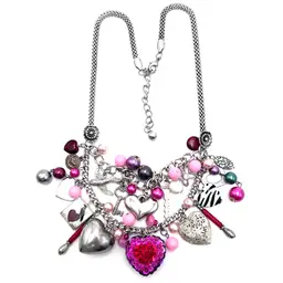 Valentine’s Day Junk Necklace Handmade Repurposed Jewelry Charms Beads 24”