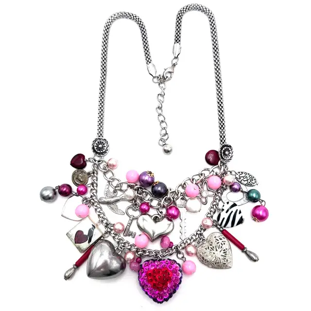 Heart Love Theme Junk Necklace Handmade Repurposed Jewelry Charms Beads 24”