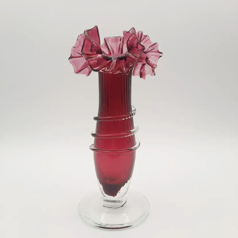 Cranberry Red Glass Vase Ruffled Crimped Rim W/ Clear Glass Swirl Detail