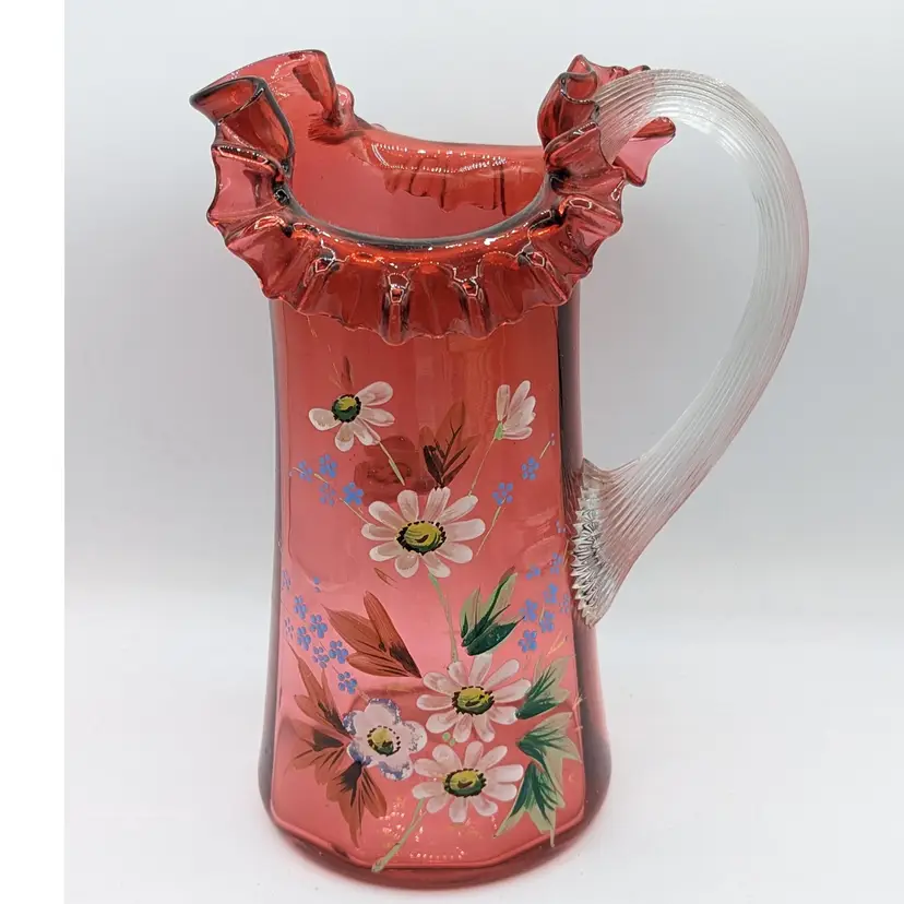 1800's Victorian Cranberry glass pitcher receded handle Enamel Flowers