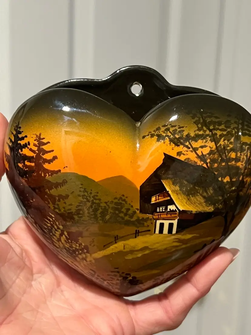 vintage SMF Schramberg Majolica German Heart Shaped, Hand Painted wall pocket vase