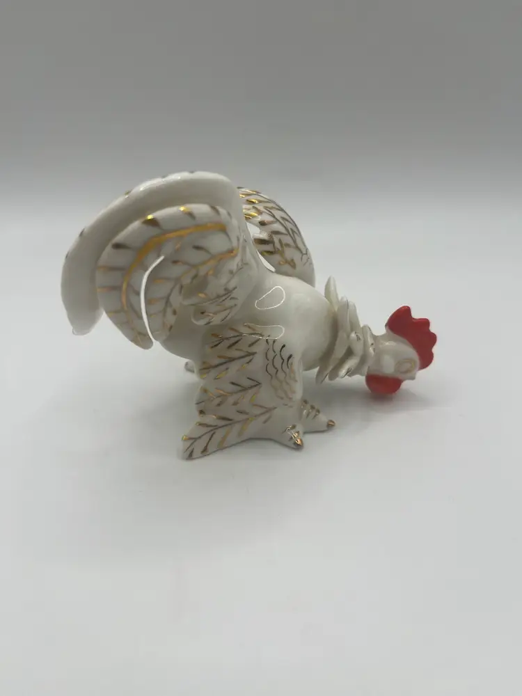 Vintage Porcelain Rooster Figurine White Gold Accents 3 1/2”