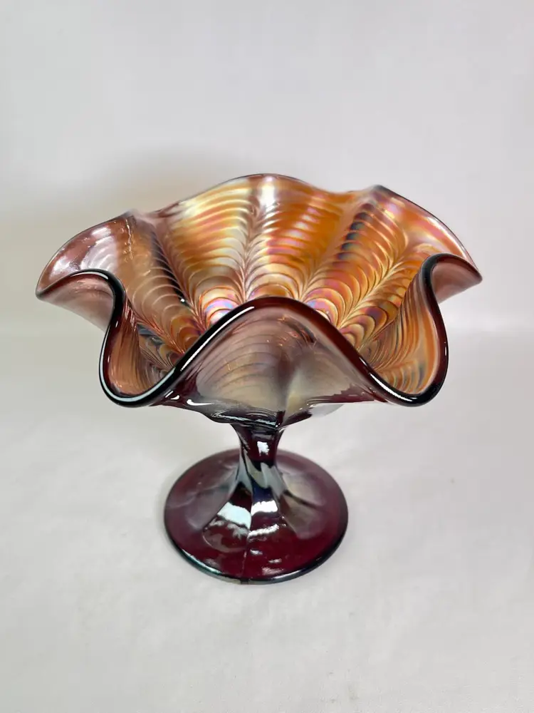 VINTAGE Fenton Ruffled Peacock Tail Compote Amethyst Carnival Glass
