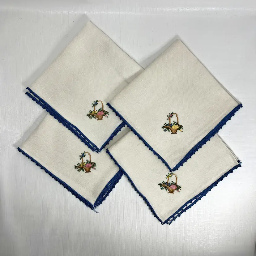 Linen Cross Stitch Luncheon Napkins Embroidered Set 4 Flower Basket Cottage Core