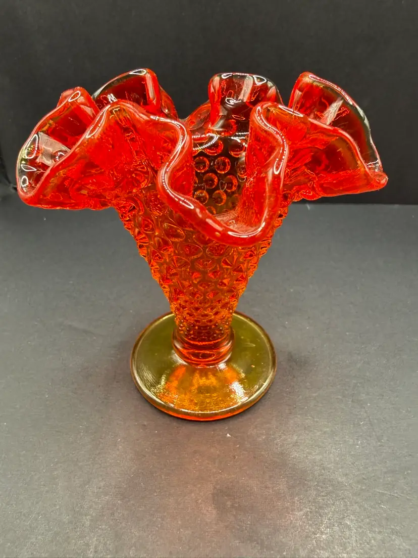 Fenton Amberina Hobnail Ruffle Bud Vase  4” It Glows