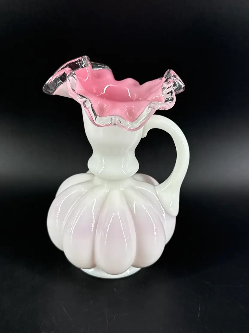 Vtg Fenton Pink White Glass Silver Crest 6" Handled Jug Melon Shape