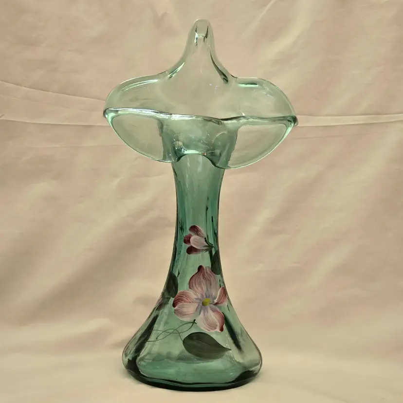 FENTON Ribbed Sea Mist Tulip Vase Jack In Pulpit Hand Painted Signed D Barbour