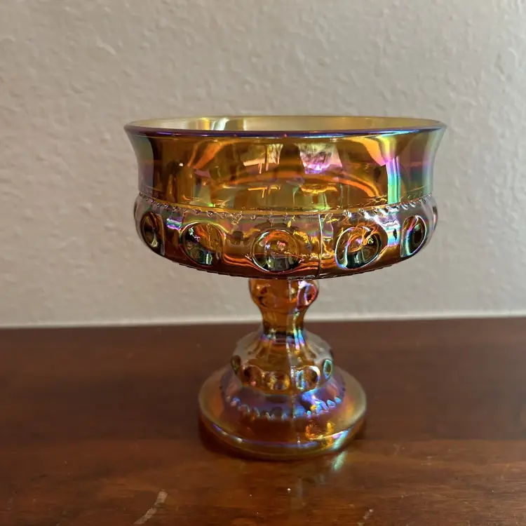 Vintage Carnival Glass King's Crown Amber Compote Candy Dish With Pedestal