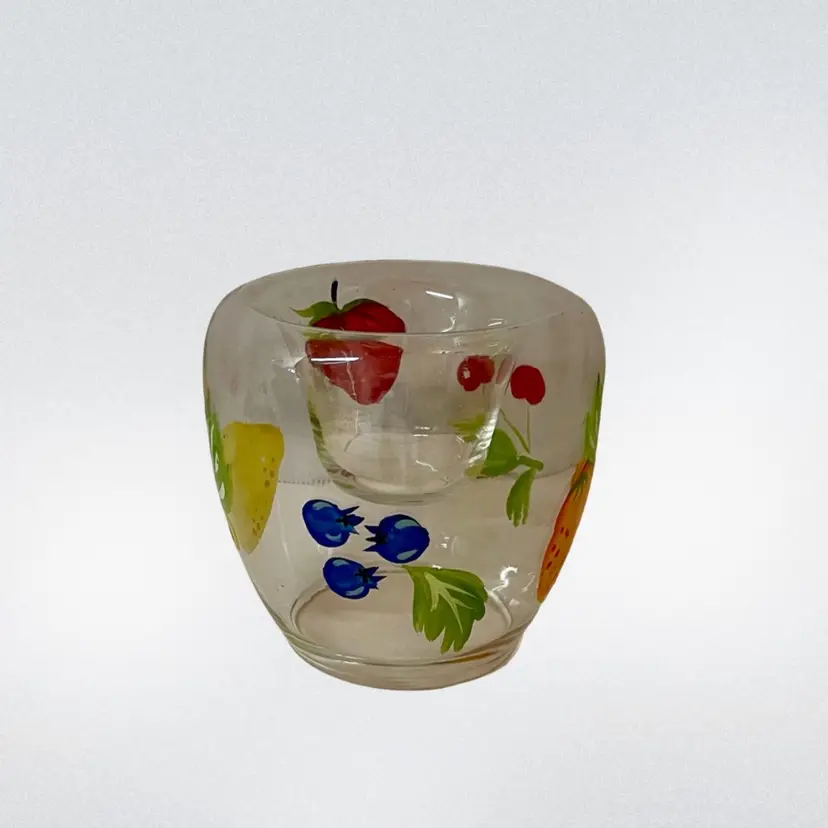 Hand Painted Clear Glass Votive Holder Multicolor Strawberry Orange Blueberry Lemon & Cherry