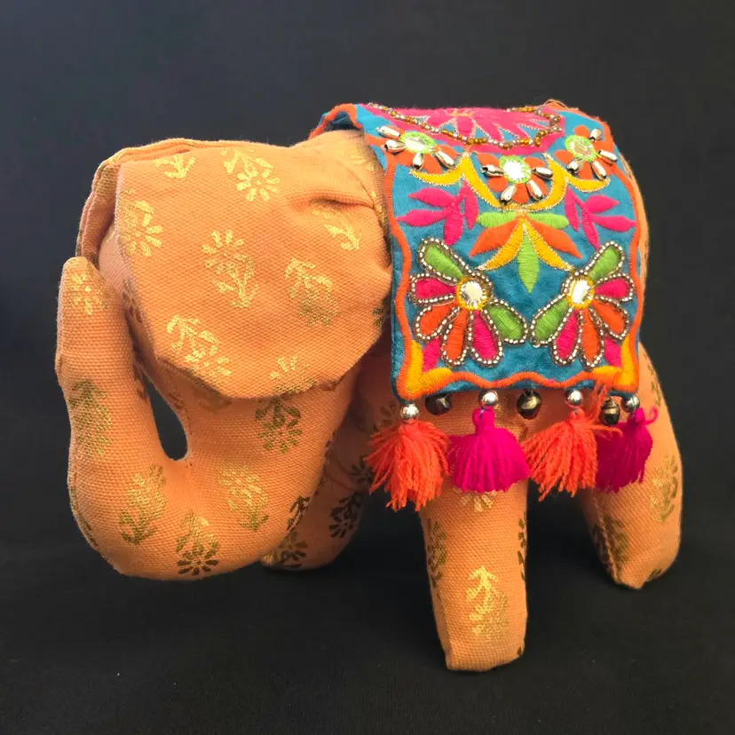 Stuffed Fabric Elephant, Decorative Embroidered Blanket - Good Luck Trunk Up Made in India READ