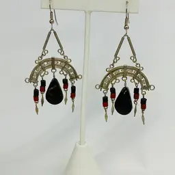 Vtg Silver Tone Bohemian Black Red Beads Drop Dangle Chandelier Earrings Boho