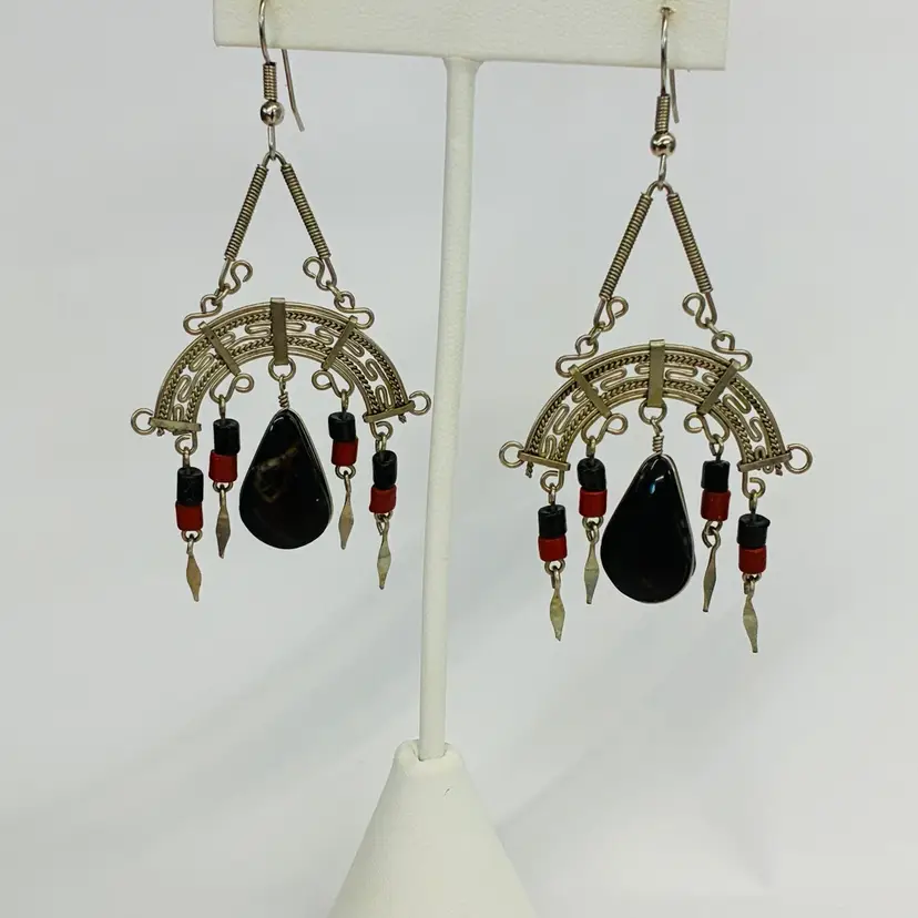 Vtg Silver Tone Bohemian Black Red Beads Drop Dangle Chandelier Earrings Boho