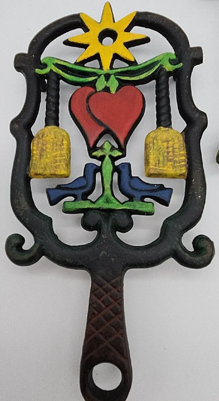 PAIR of Vintage Wrought or Cast Iron Trivets Brooms Birds Hearts Cottage Core