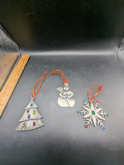 Set of 3 Gem Embellished Pewter Christmas Ornaments Tree, Snowman and Snowflake.
