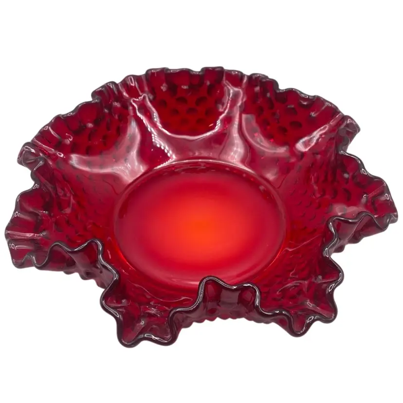 Fenton Hobnail Amberina Bowl Ruffled Glow CottageCore Vintage Pre 1970s