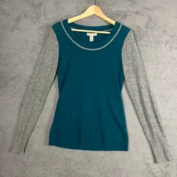 Banana Republic Knit Top Womens Medium Teal Gray Elbow Patch Italian Yarn Lightweight