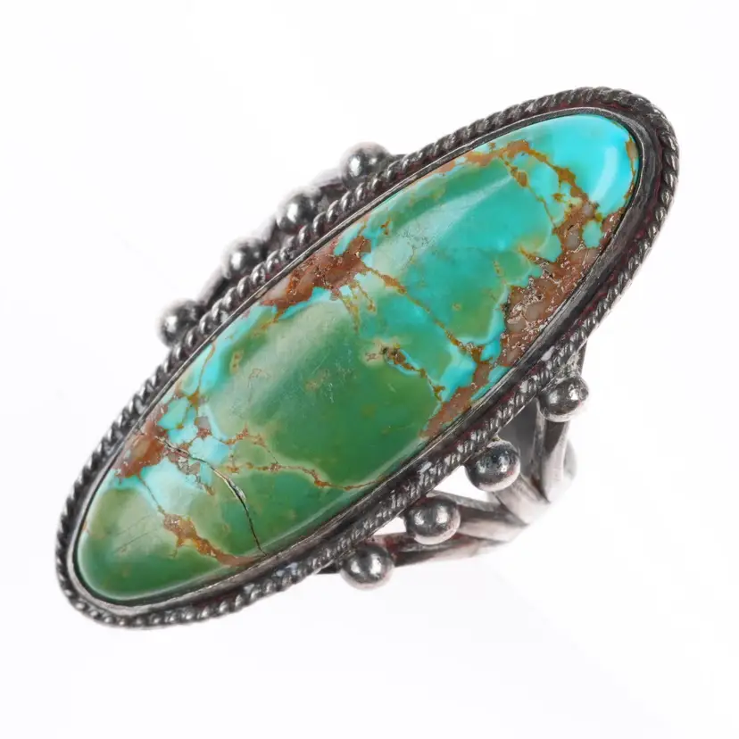 sz7 c1930 Vintage Navajo Royston Turquoise sterling silver long rope bezel ring - Buy Now