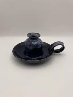 Handmade, Glazed Pottery, Candleholder with Handle Navy Blue/Lt. Blue Drip Glaze