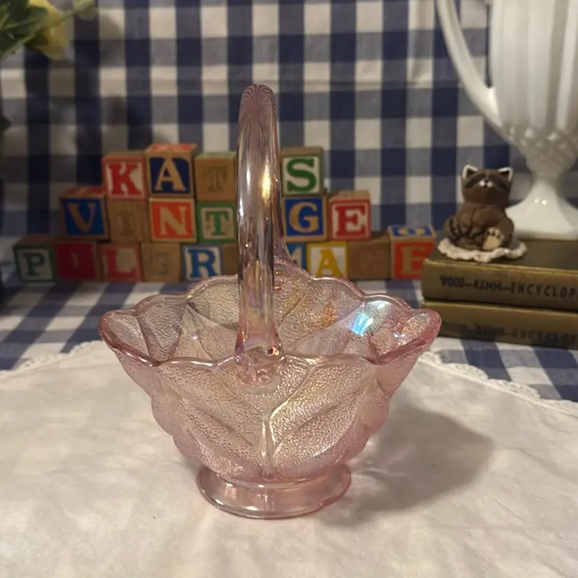 Vintage LE Smith Wood Rose Iridescent Pink Glass Basket