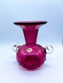 Cranberry Rossi Art Glass Double Eared Vase, Sticker