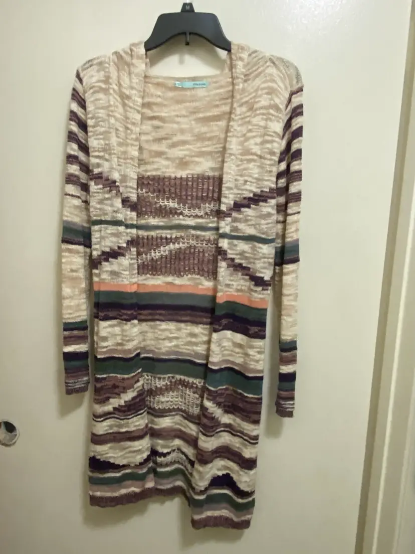 Maurices Womens Knit Hoodie Long Cardigan Sweater S Small Multicolor Stripes Print