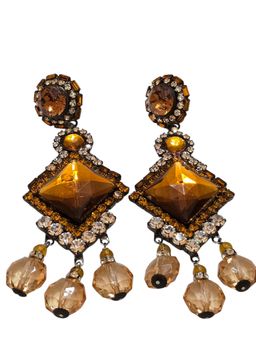 Vintage NOS Larry VRBA Topaz/Clear Chandelier Clip Earrings (A9053)