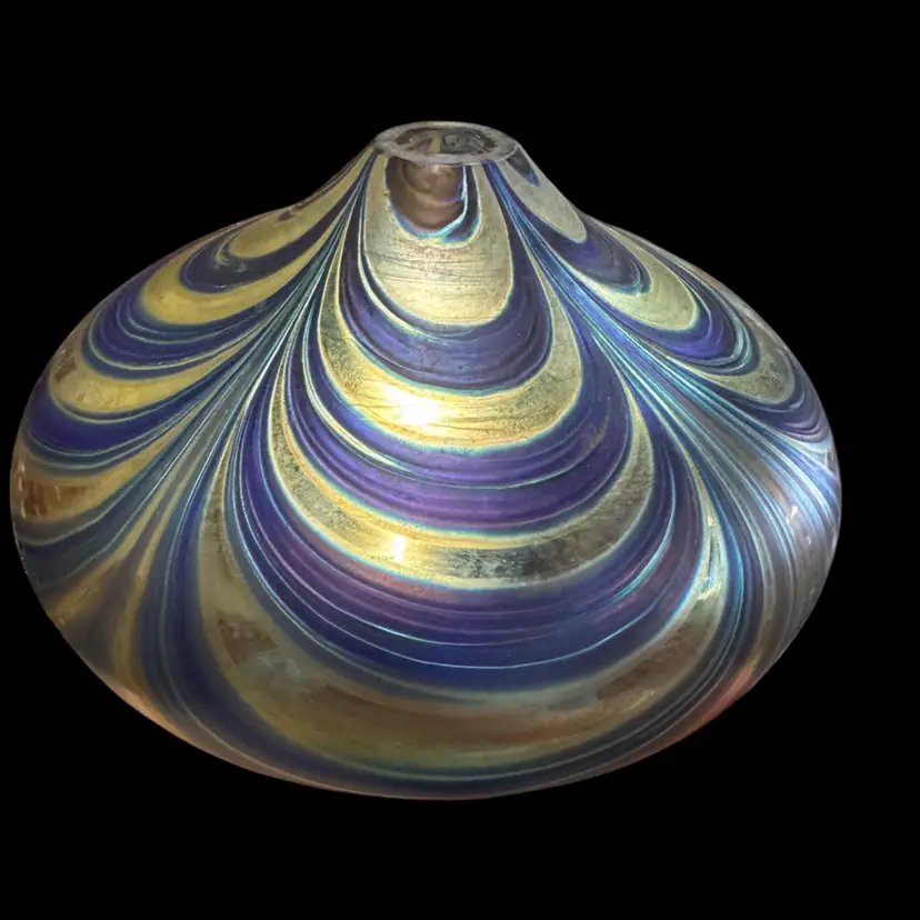 Oil Lamp Vase Hand Blown Glass, Pulled Feather Design, Iridescent