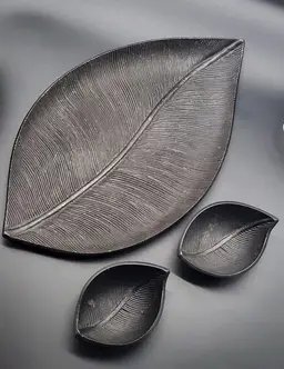 Black Ceramic Textured Leaf Tray & Bowls 13"
