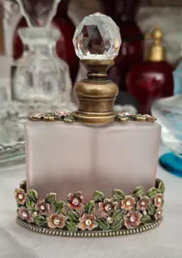 204 Jeweled Ormolu Style Perfume Bottle – Frosted Glass – Crystal Stopper
