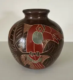 Handpainted Sgrafitto Pottery Vase Parrot Branch Leaves Ctrl Amer 4.5" H 2" Lip