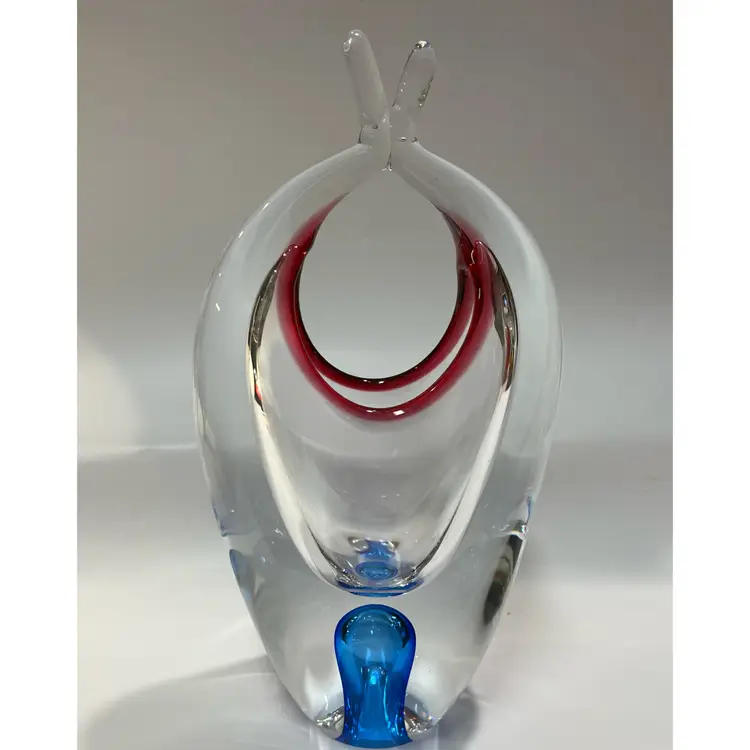 Stunning MCM By Josef Hospodka- Chribska Glass Co. - Czech Republic -Art Glass -Hand Blown- Basket Vase - Cobalt Cranberry- 9.5” Tall, 5” Wide