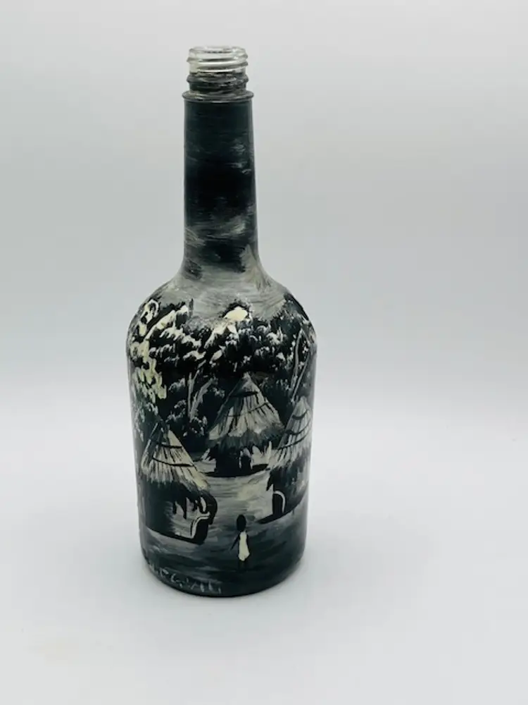 HandPainted Glass Bottle Black & White Landscape Huts and Water Boat Signed