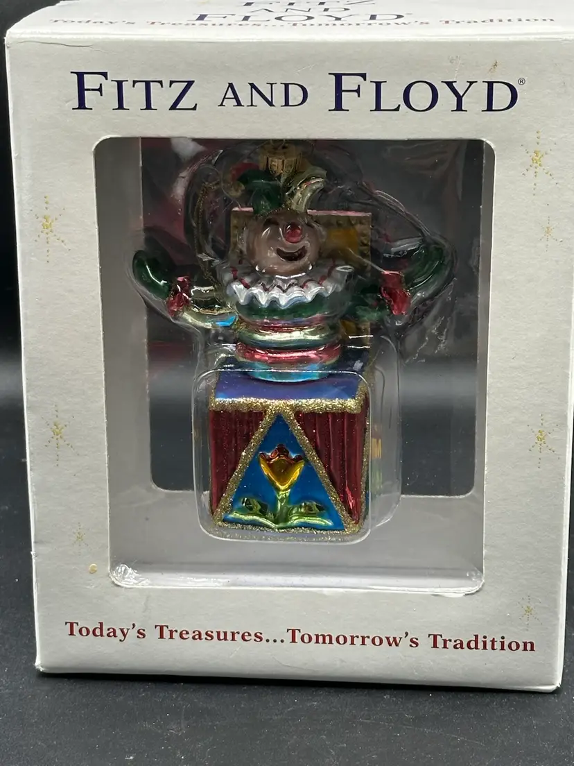 VTG Fitz and Floyd Old Fashioned Clown Christmas Jack-in-the-Box Glass Ornament