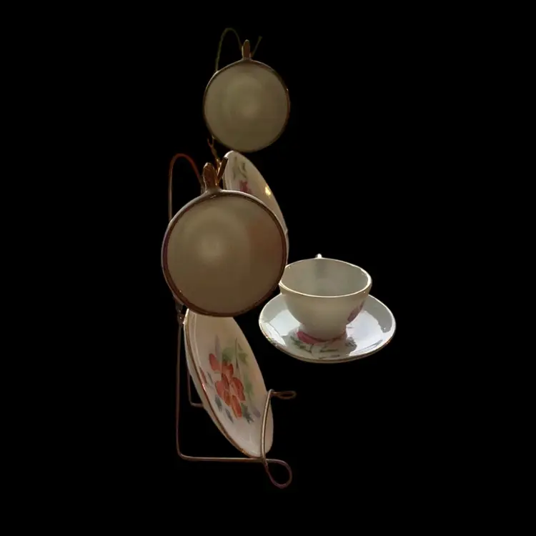 Vintage Miniature Calendar Cups And Saucers January August And October Plus Two Wire Stands Japan