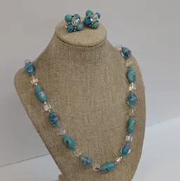 Vintage Lampwork Aqua Glass Aventurine Bead Necklace & Clip On Earring Set Japan