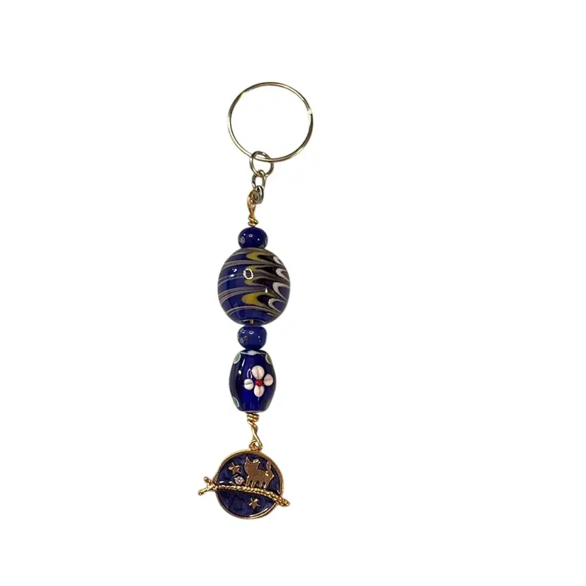 Key Chain Made With Lampwork Colbalt Beads And Enameled Charm With Cat And Stars