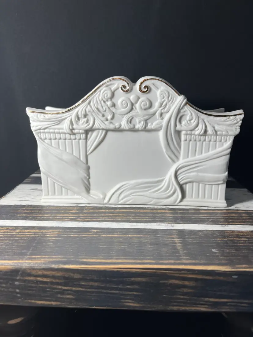 Heavy Ornate White Porcelain Bisque With Gold Trim Napkin Holder Or Letter Holder- Made In Mexico
