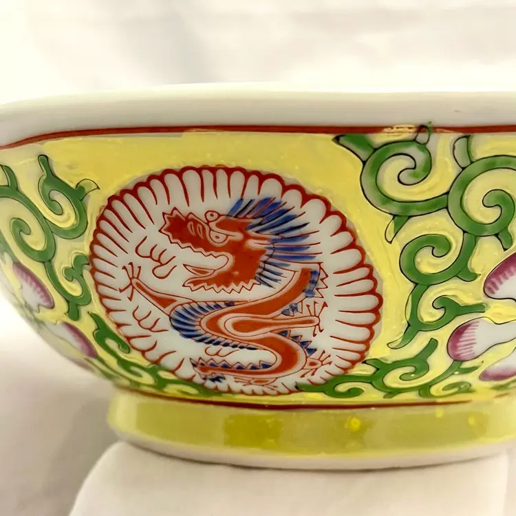 Chinese Dragon &Floral Design Bowl, Yellow & Pink, Marked on bottom, VTG EUC