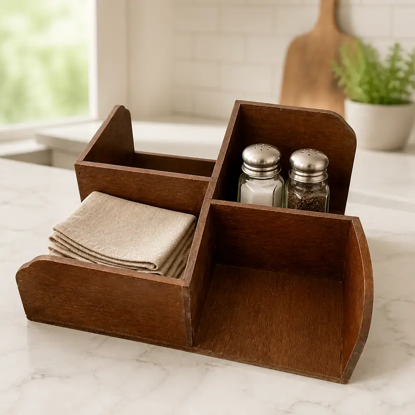Vintage Wood Lazy Susan, Rotating with 4 Compartments, 12" x 12"