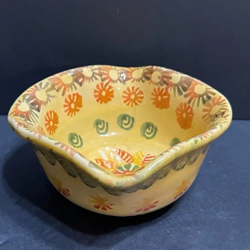 Yellow Floral Ceramic Abstract Bowl, Italy ~3” x 6.5” x 6.25”