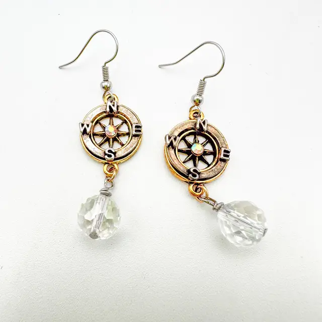Compass Earrings Two Tone with AB and Faceted Crystal Bead Accent, Handmade