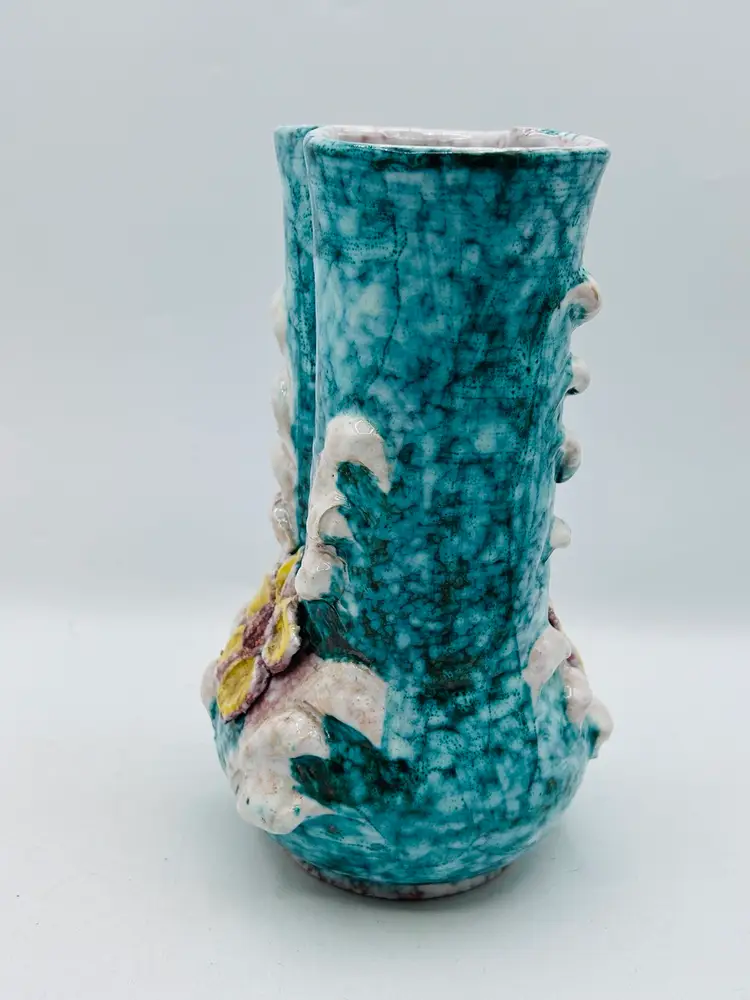 Vintage Italian Majolica Vase Applied Flowers Colorful Textured Marked