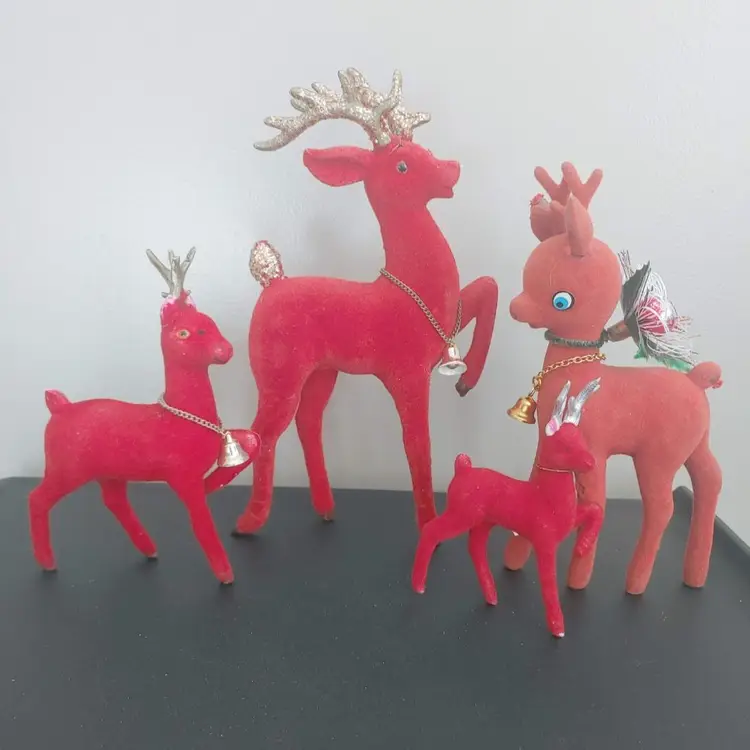 4 vintage red flocked reindeer made in Japan Christmas deer