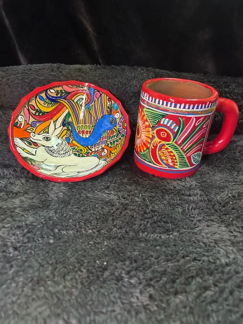 Beautiful Hand Painted Mexican Talavera Pottery Mug & Footed Bowl