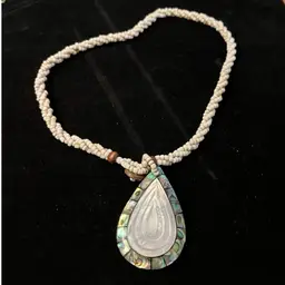Shell Necklace- with Abalone Inlay Surrounding Carved Mother of Pearl teardrop pendant 11”- Toggle Clasp