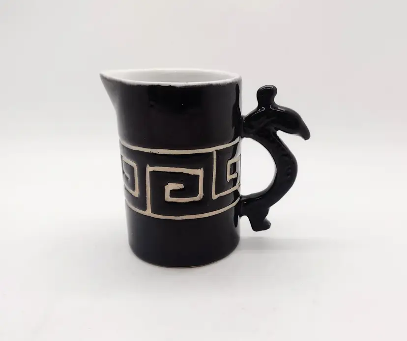 Greek Key Dragon Porcelain Mini Pitcher Creamer Vintage Taiwan Black Succulent