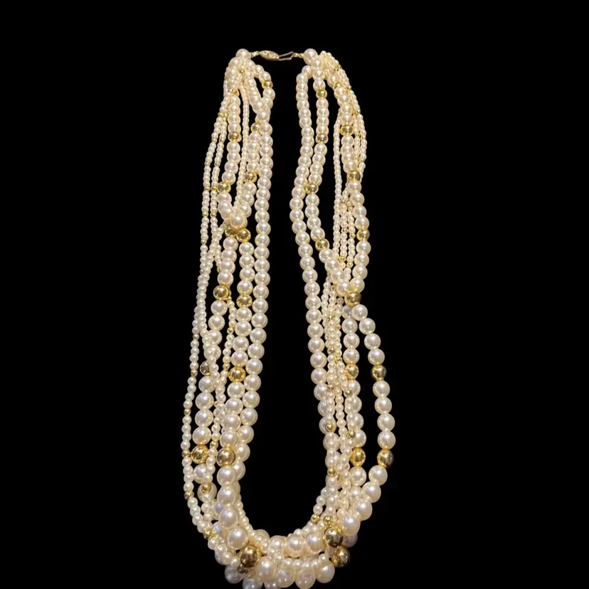 SALE! 25% Off! Multiple strand Faux Pearl And Gold Strand Necklace